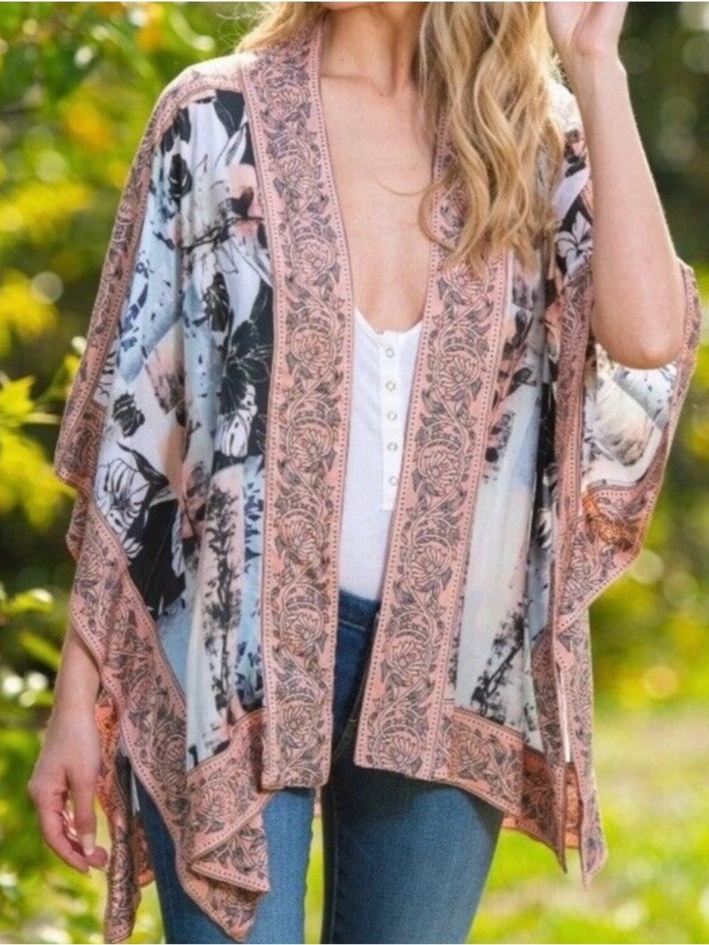 Floral Kimono Cardigan, Pink Gray Black, Sz L 100% Modal Boho Beach Swim Resort